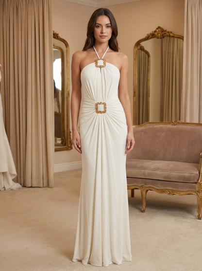 Elastic Satin Halter Long Evening Dresses with Pleats