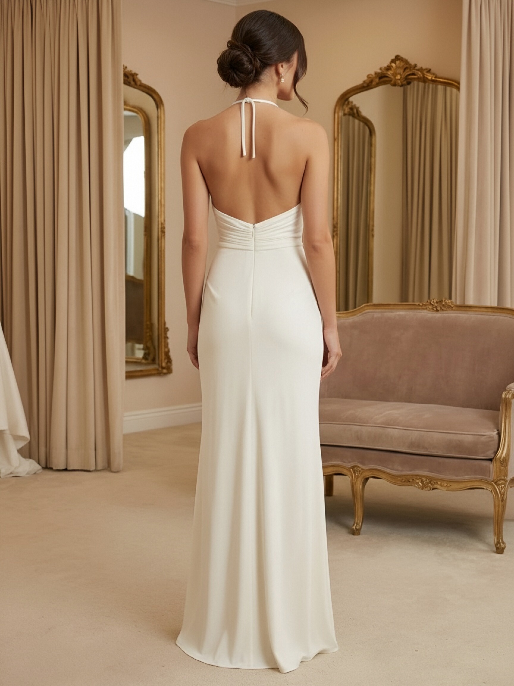 Elastic Satin Halter Long Evening Dresses with Pleats