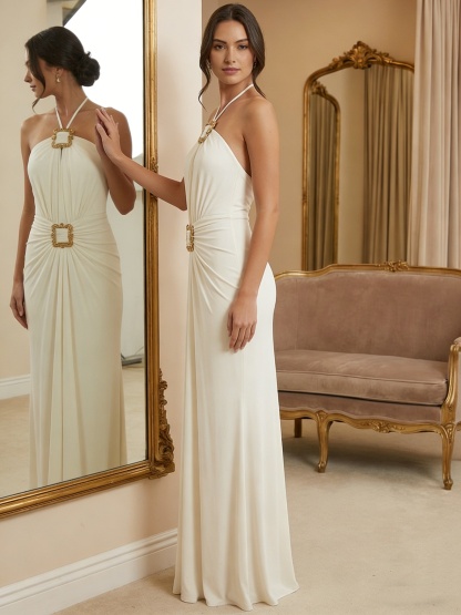 Elastic Satin Halter Long Evening Dresses with Pleats