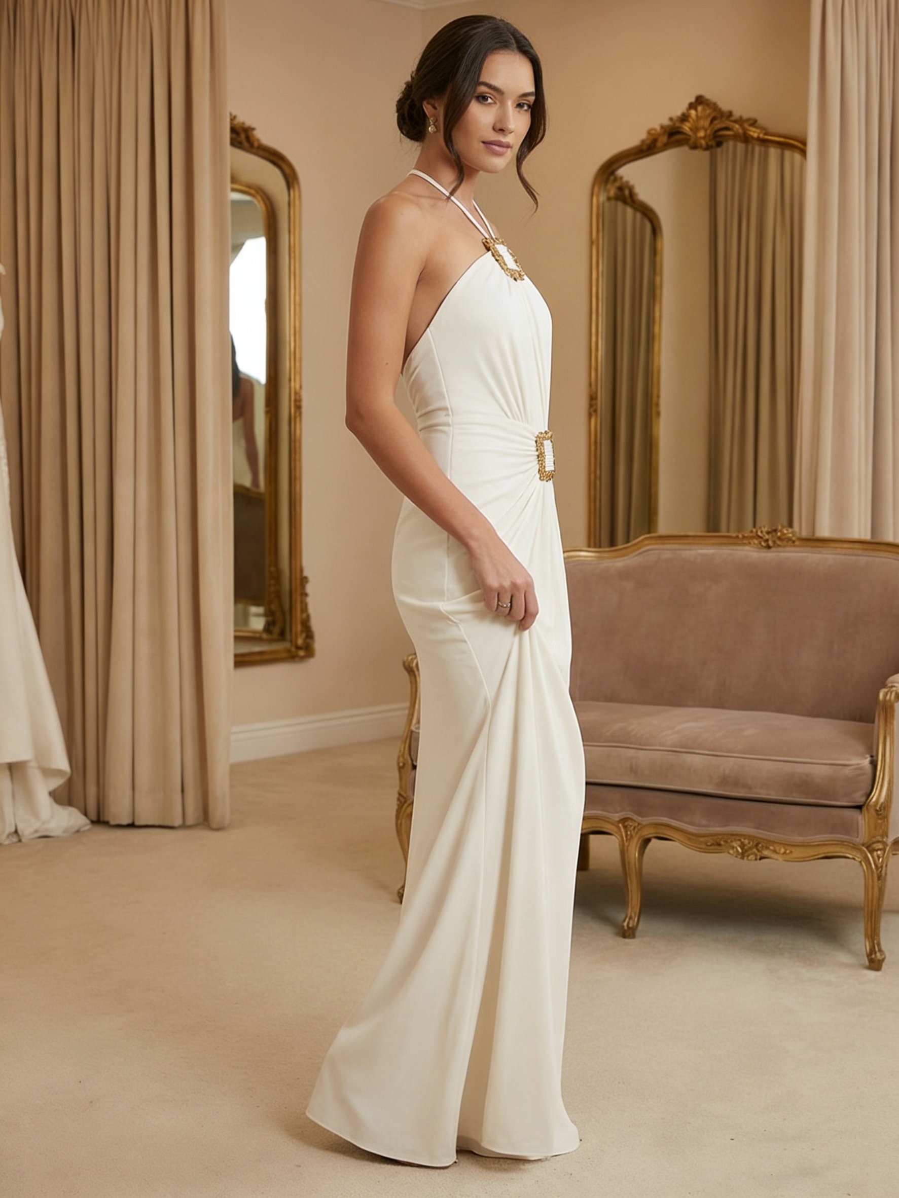 Elastic Satin Halter Long Evening Dresses with Pleats