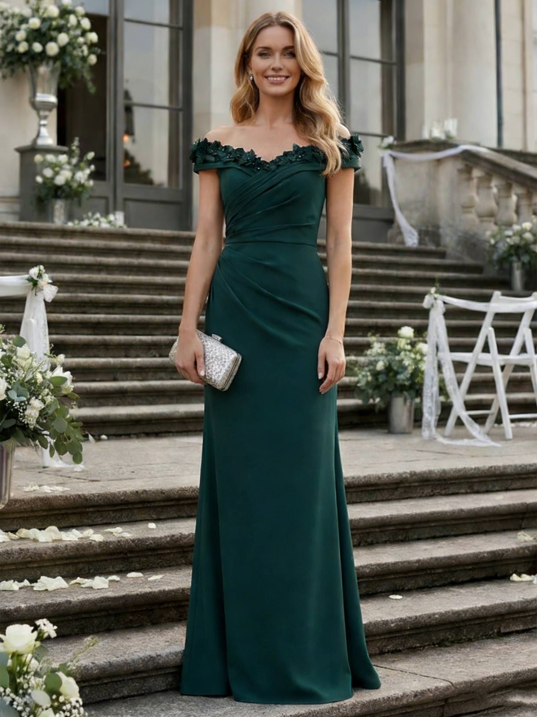 Chiffon Off Shoulder Evening Dresses with Pleats