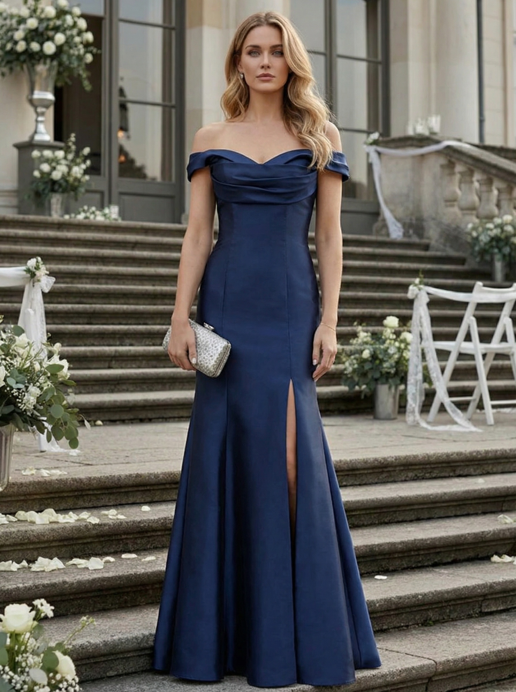 Satin Off Shoulder Ruched Evening Dresses with Slit