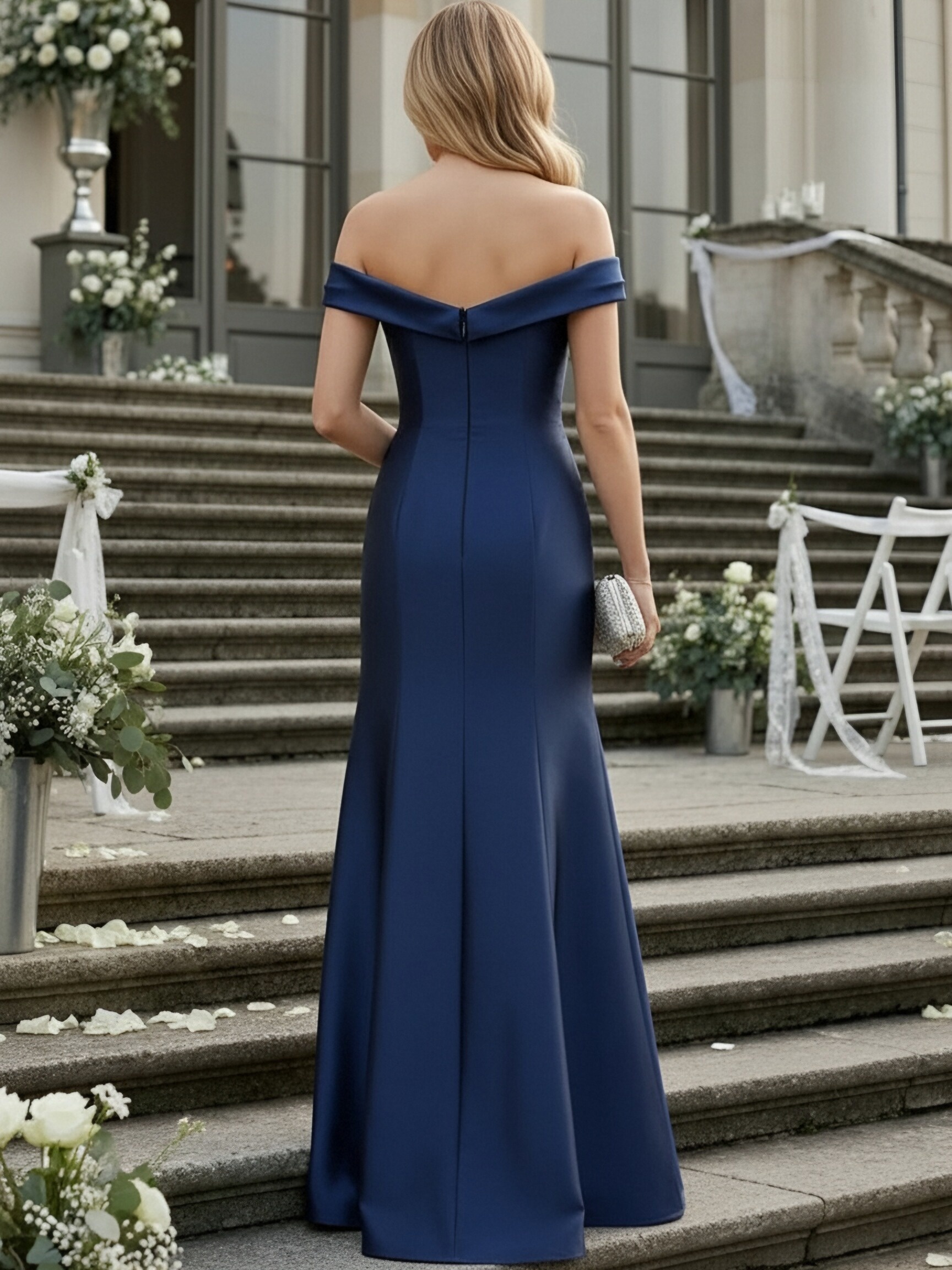 Satin Off Shoulder Ruched Evening Dresses with Slit