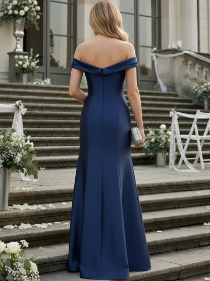 Satin Off Shoulder Ruched Evening Dresses with Slit