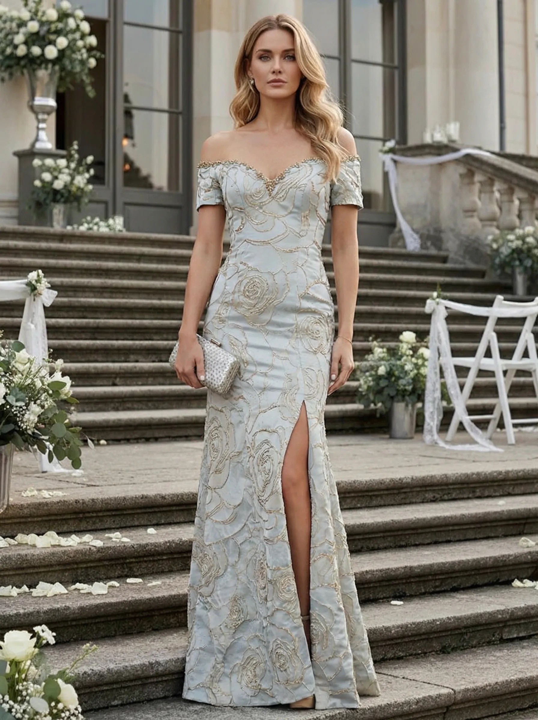 Floral Jacquard Off Shoulder Evening Dresses with Slit