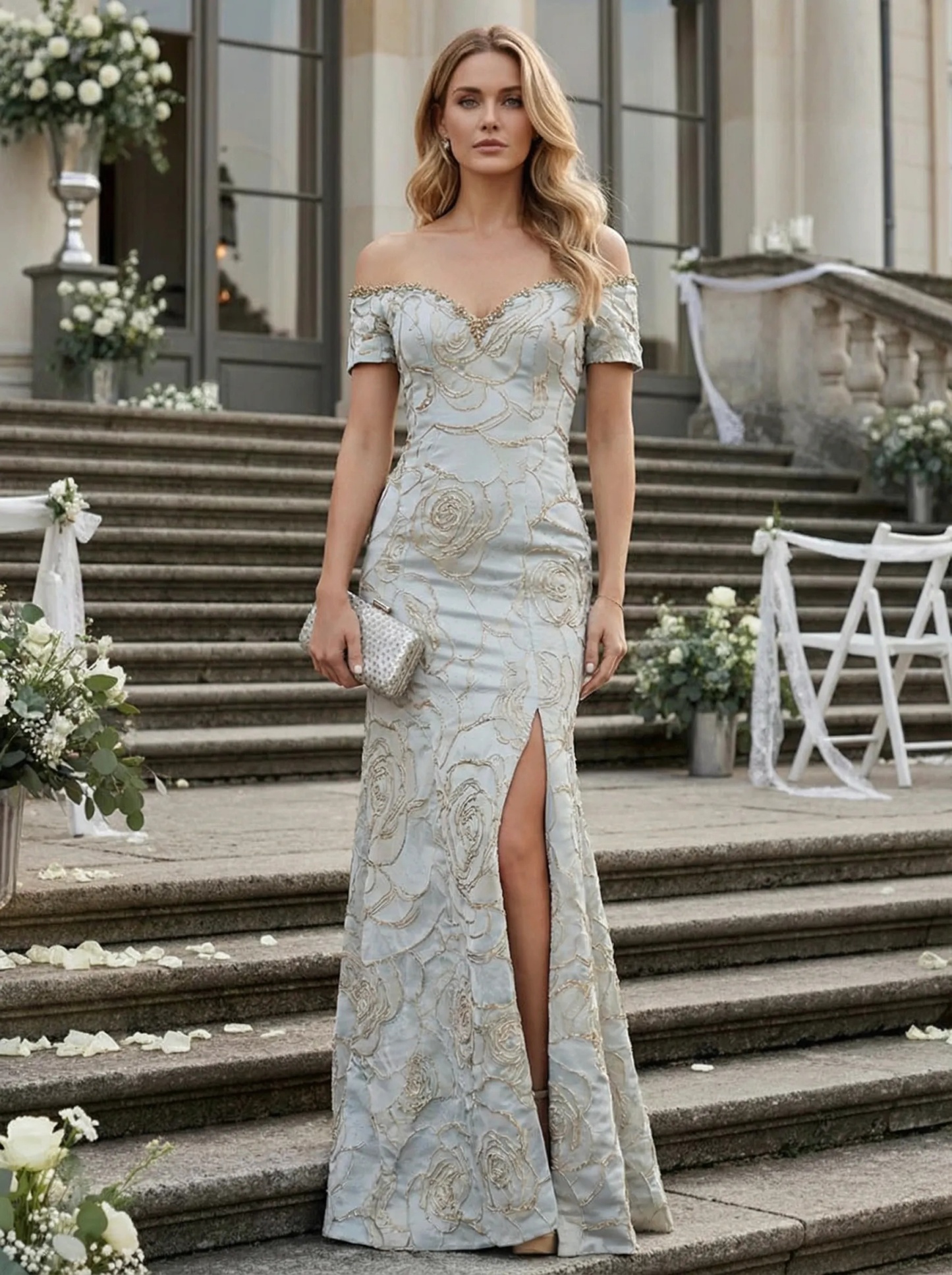 Floral Jacquard Off Shoulder Evening Dresses with Slit