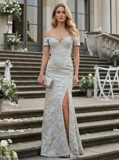 Floral Jacquard Off Shoulder Evening Dresses with Slit
