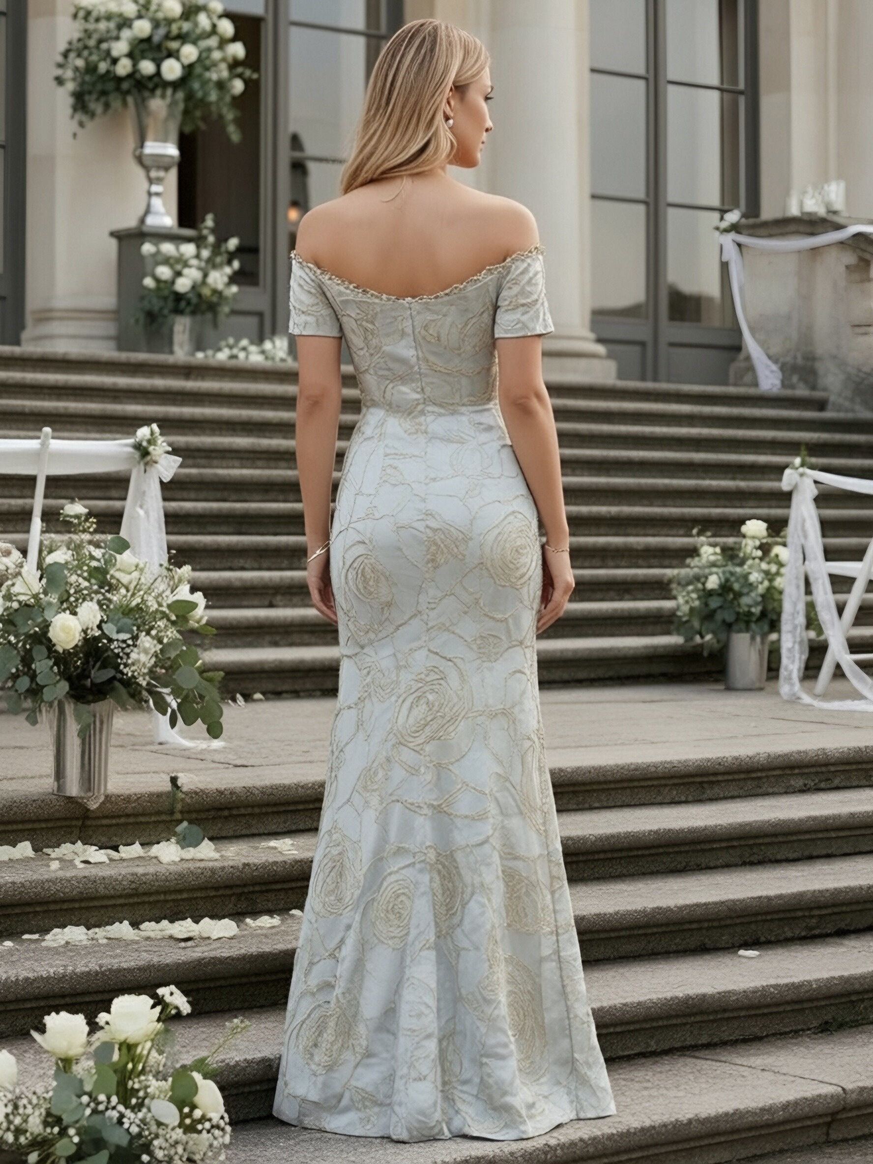 Floral Jacquard Off Shoulder Evening Dresses with Slit