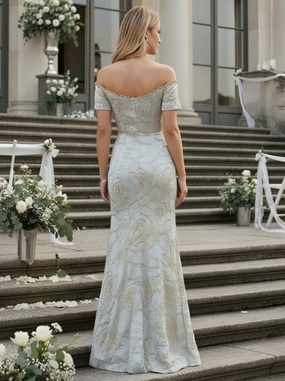 Floral Jacquard Off Shoulder Evening Dresses with Slit