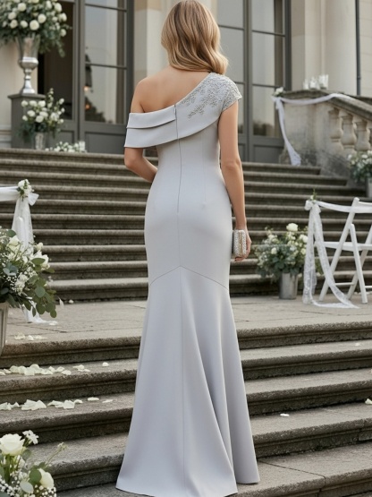 Satin Off Shoulder Evening Dresses with Applique