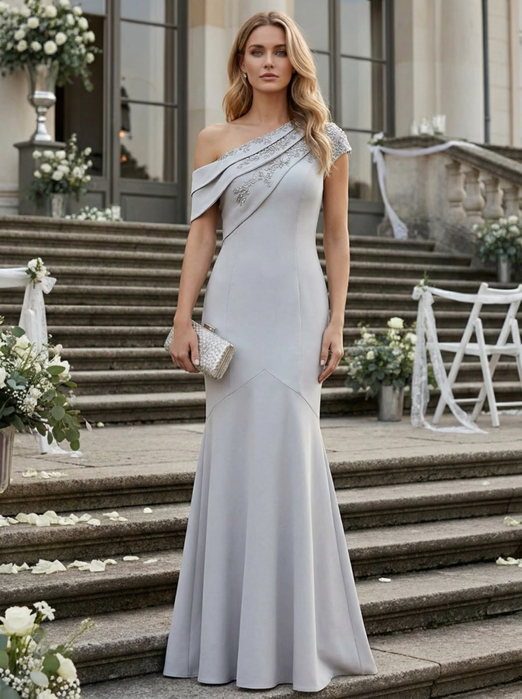 Satin Off Shoulder Evening Dresses with Applique