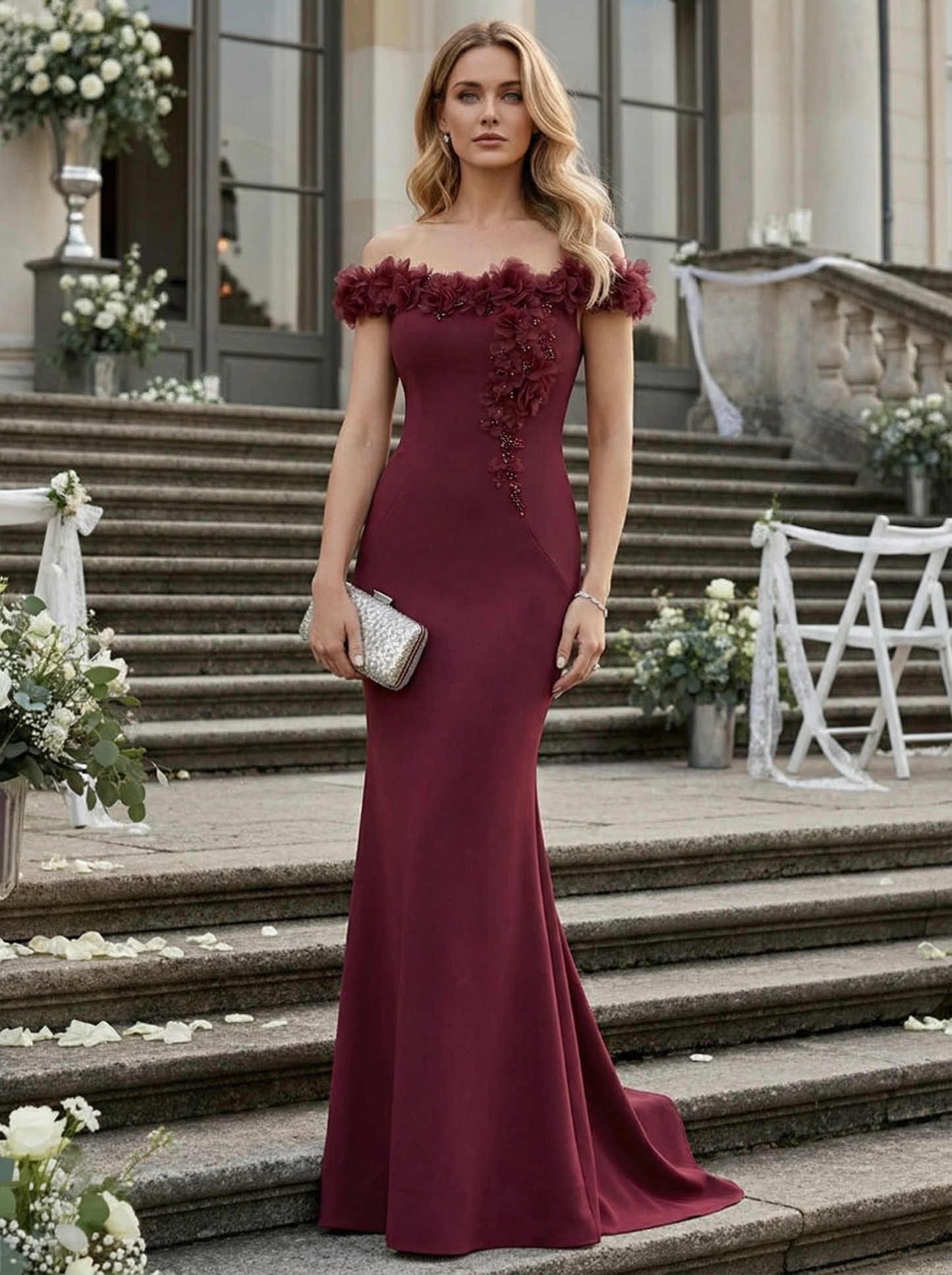 Satin Floral Jacquard Off Shoulder Mermaid Evening Dresses