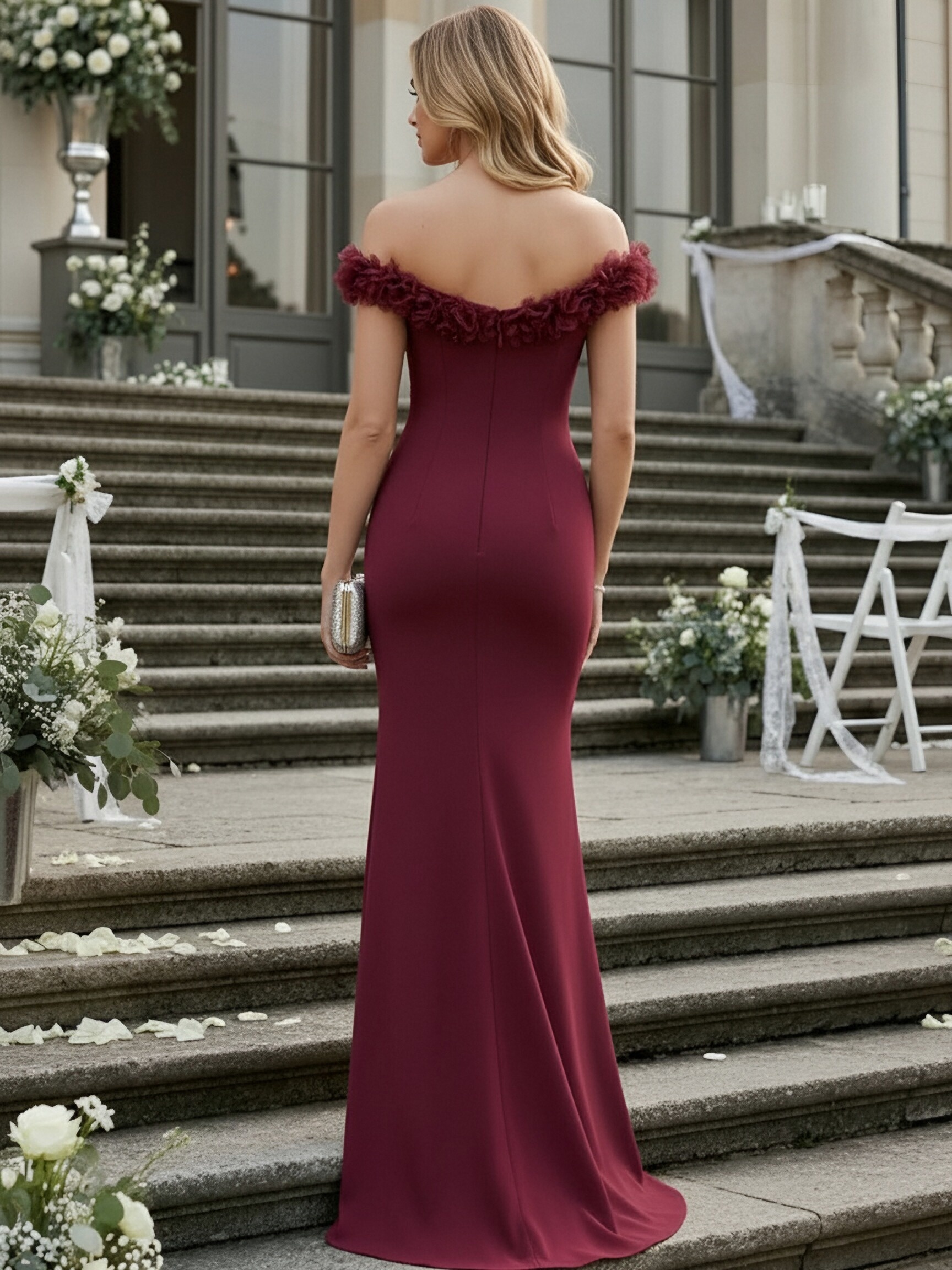 Satin Floral Jacquard Off Shoulder Mermaid Evening Dresses