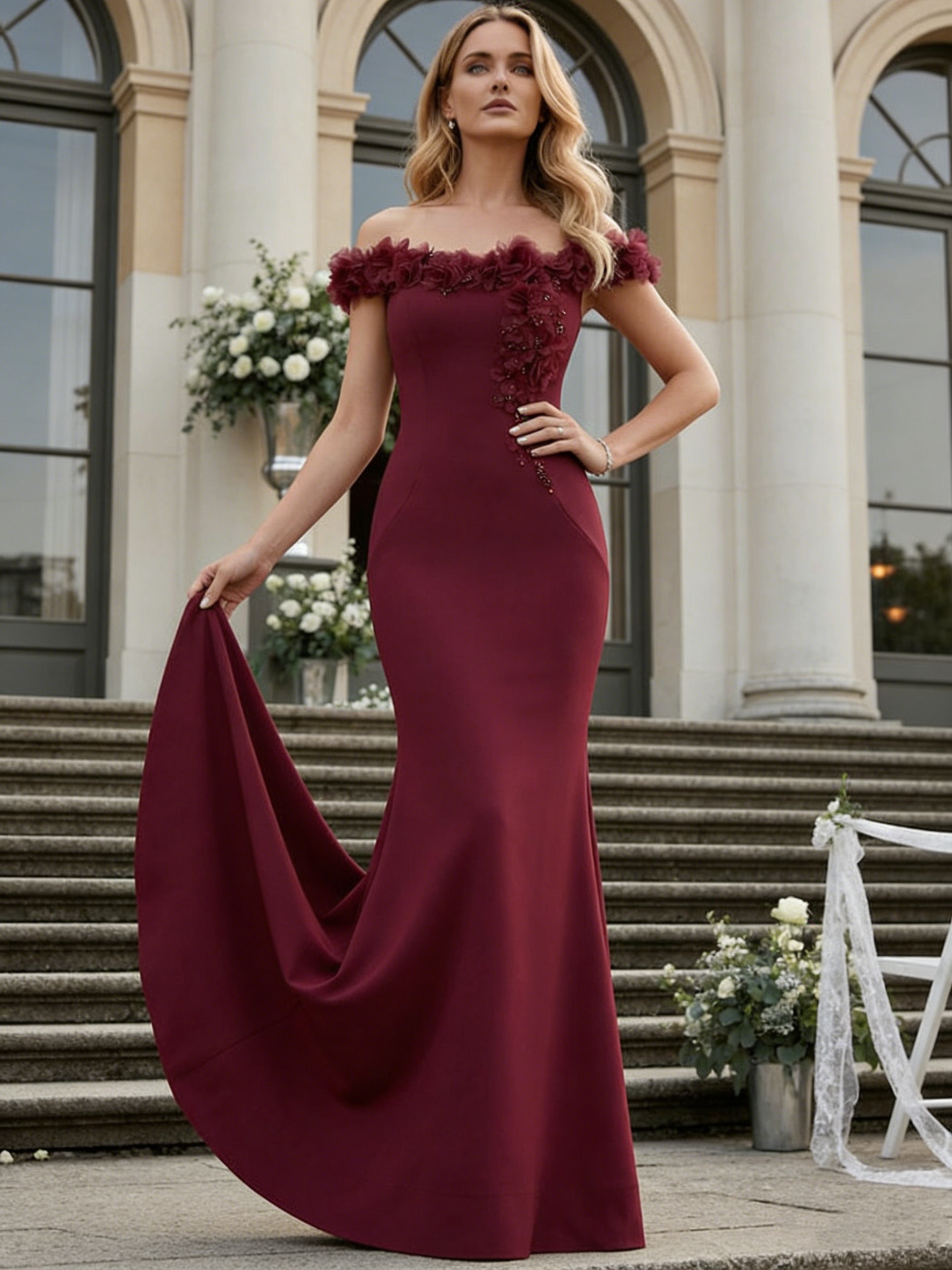 Satin Floral Jacquard Off Shoulder Mermaid Evening Dresses