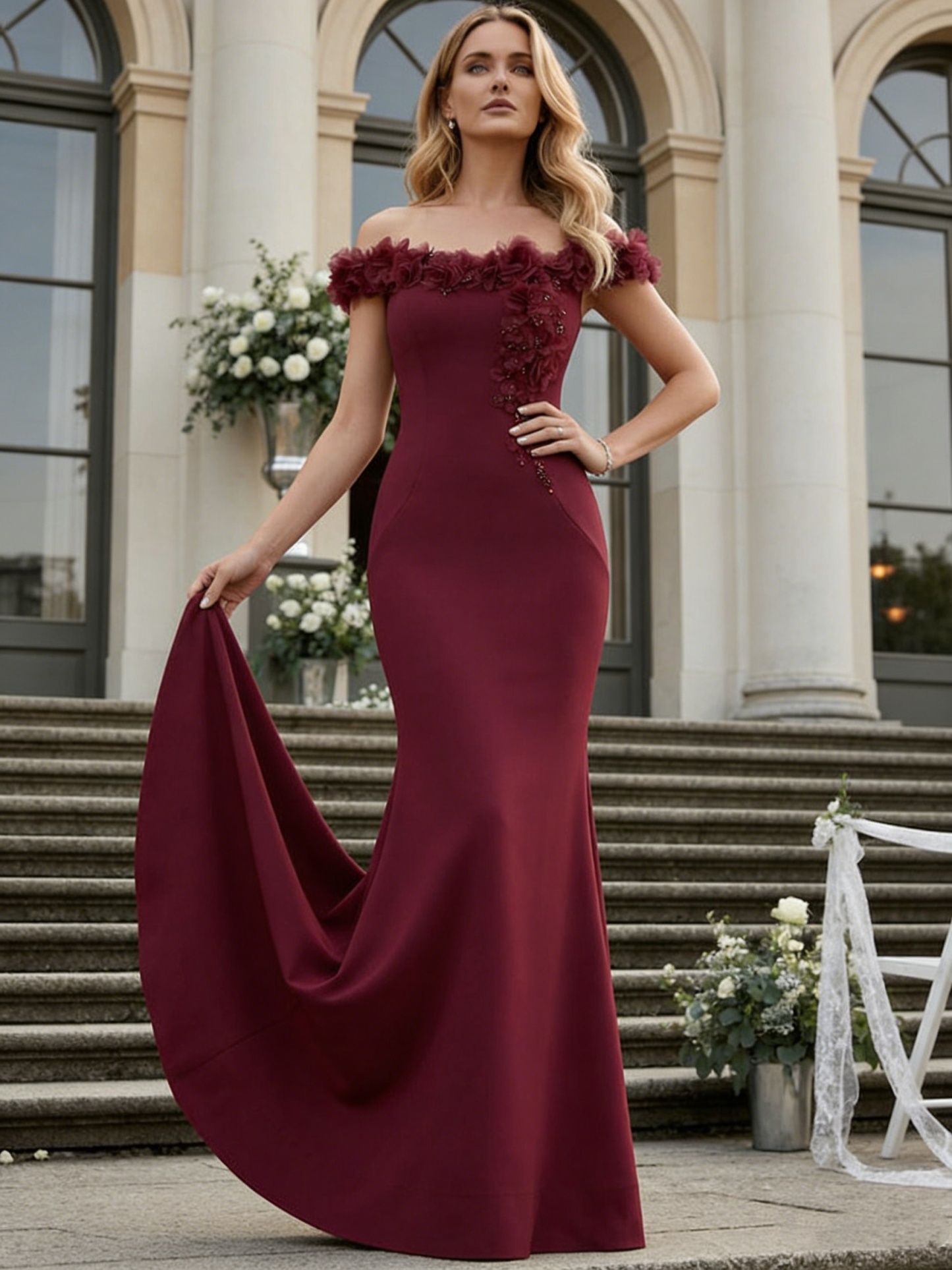 Satin Floral Jacquard Off Shoulder Mermaid Evening Dresses