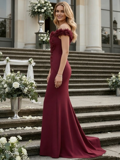 Satin Floral Jacquard Off Shoulder Mermaid Evening Dresses