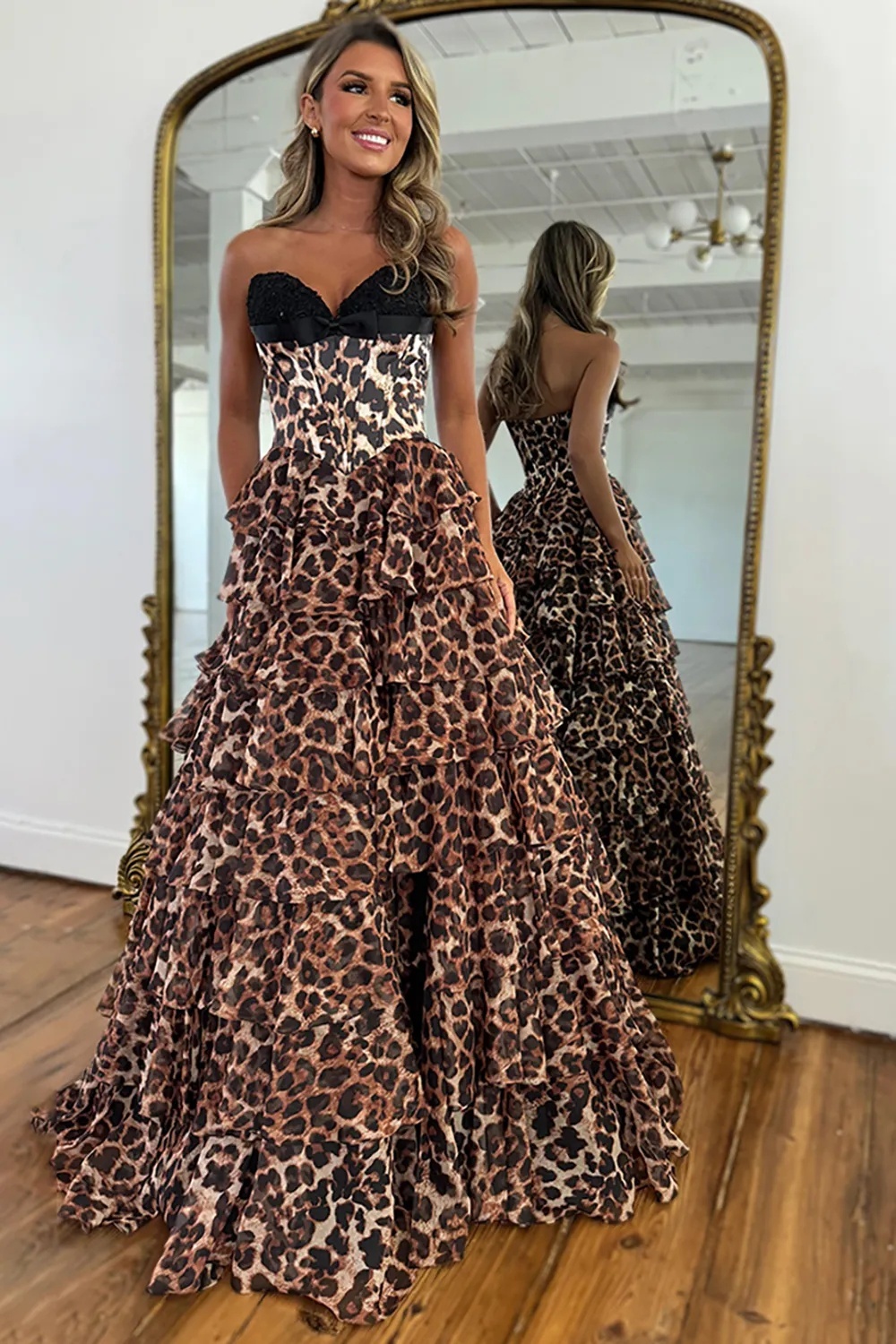 Chiffon Leopard Print Tiered Strapless Corset Prom Dresses with Bow
