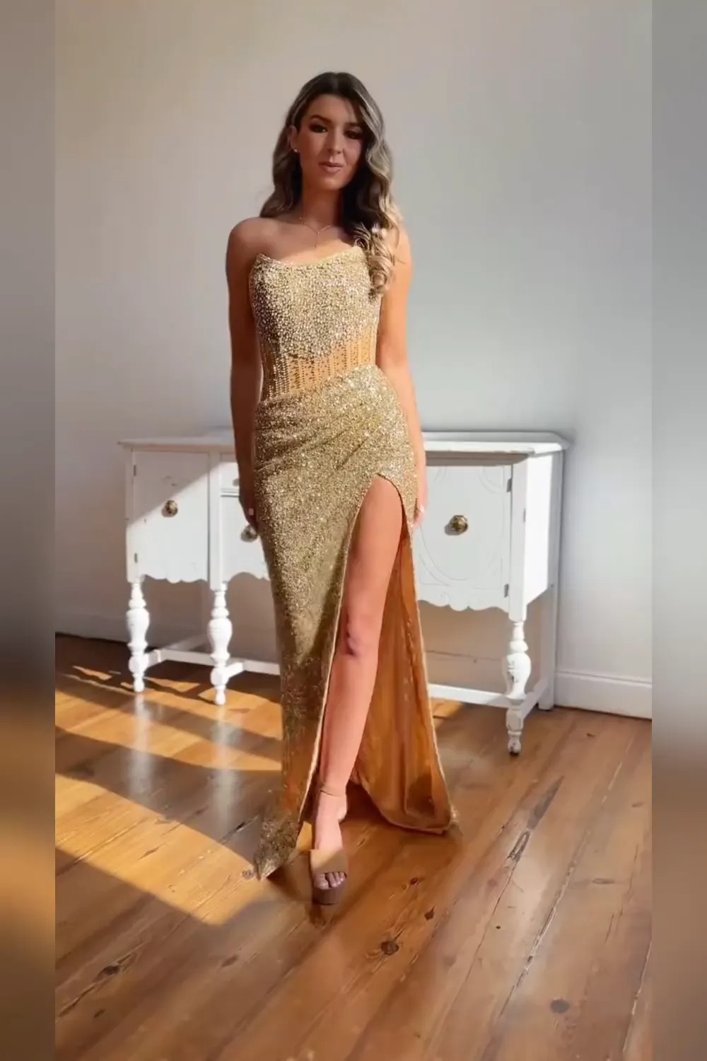 Sparkly Sequin Strapless Corset Long Evening Dresses with Slit