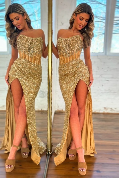 Sparkly Sequin Strapless Corset Long Evening Dresses with Slit
