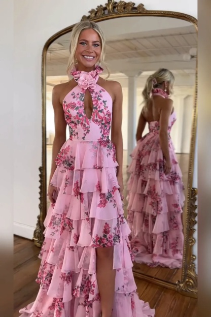 Spring Floral Chiffon Tiered Halter Long Prom Dresses with Slit