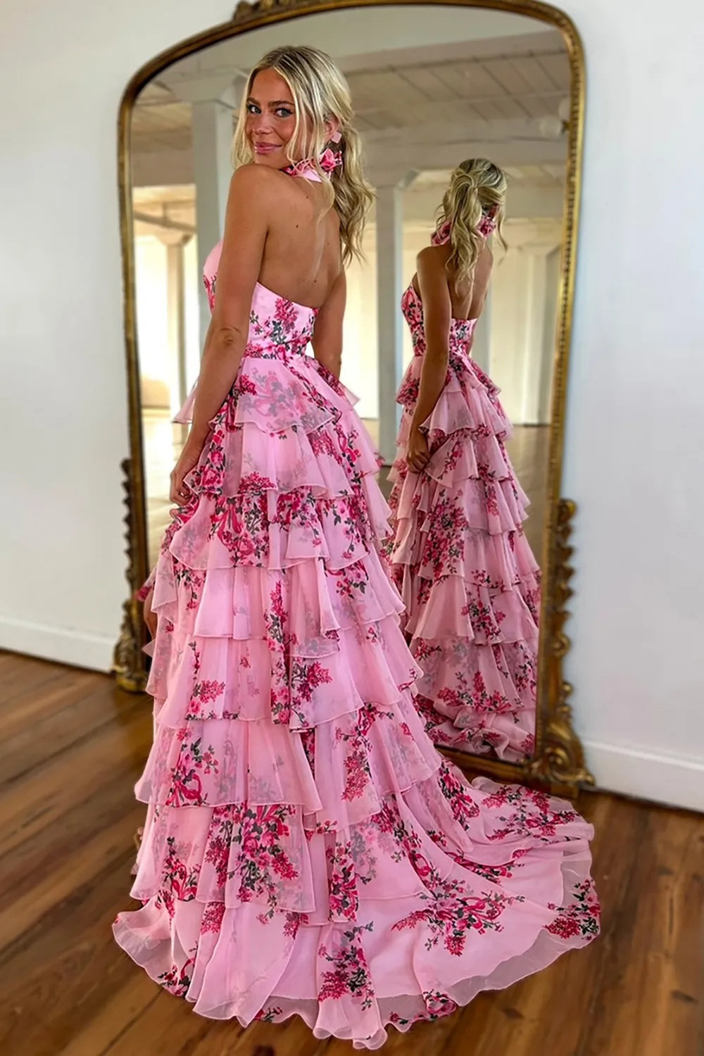Spring Floral Chiffon Tiered Halter Long Prom Dresses with Slit