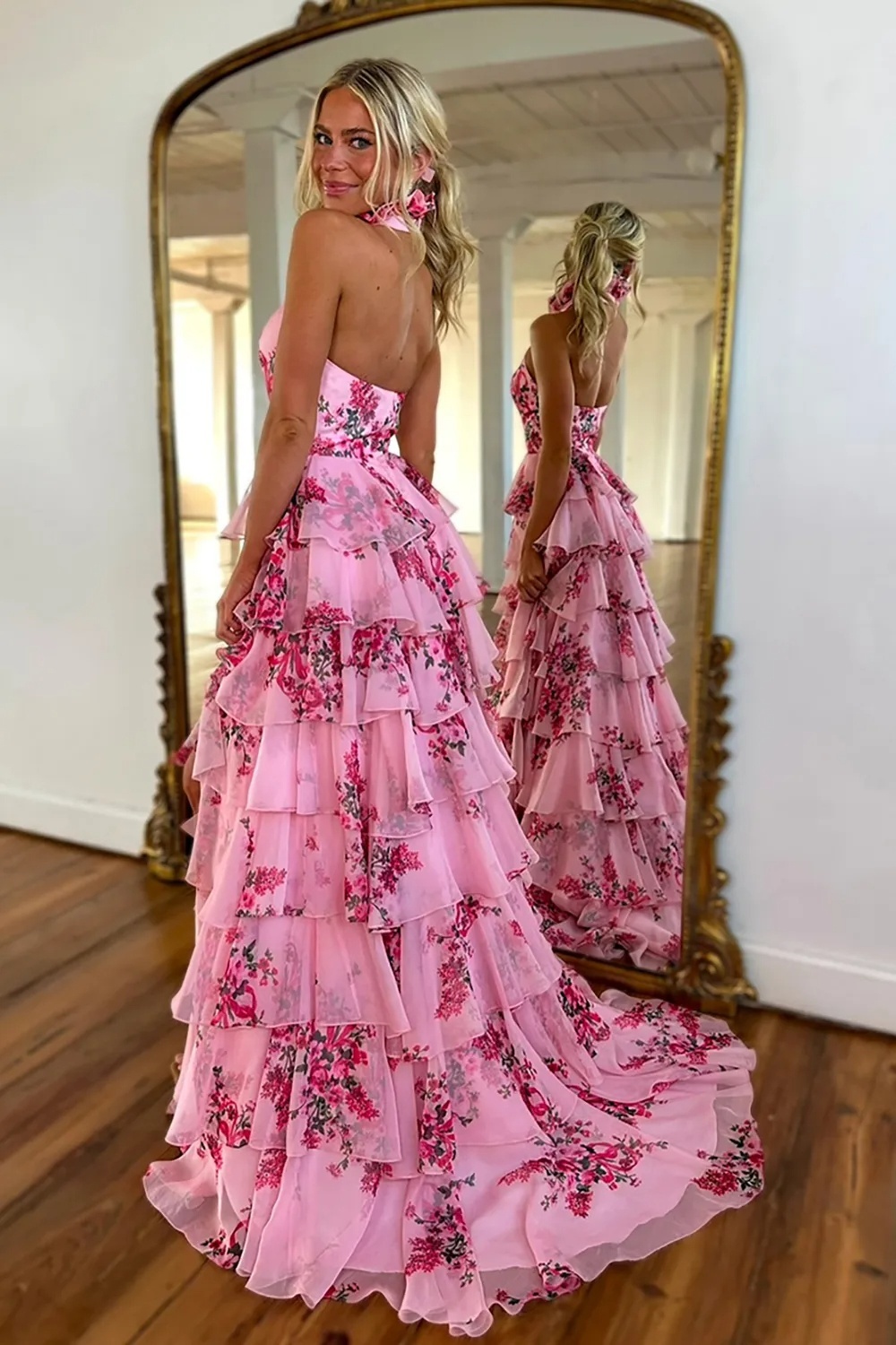 Spring Floral Chiffon Tiered Halter Long Prom Dresses with Slit