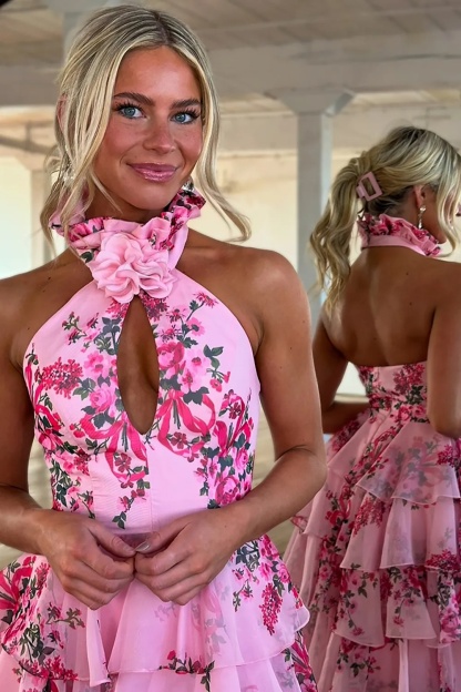 Spring Floral Chiffon Tiered Halter Long Prom Dresses with Slit