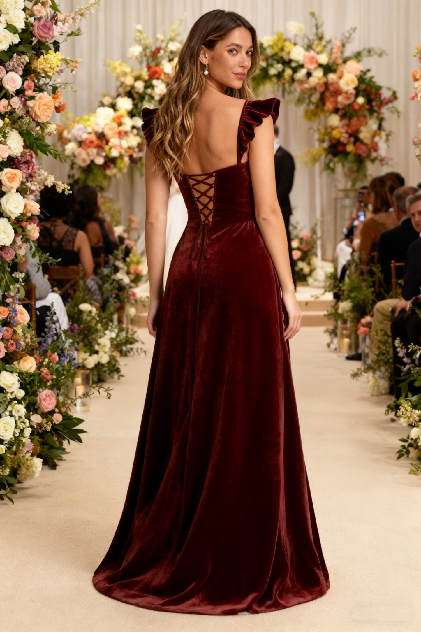 Velvet Ruffles Sweetheart Evening Party Dresses with Slit