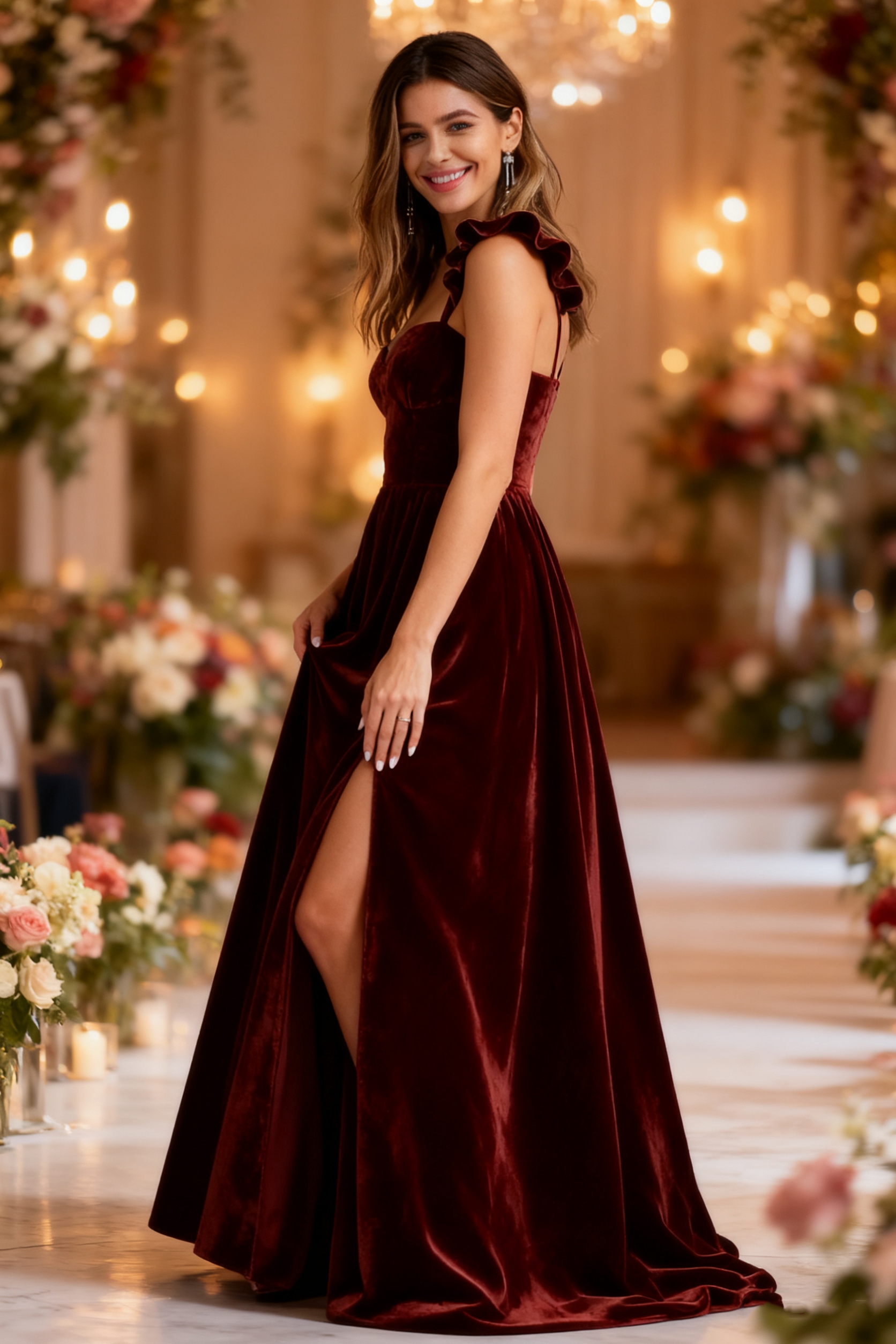 Velvet Ruffles Sweetheart Evening Party Dresses with Slit