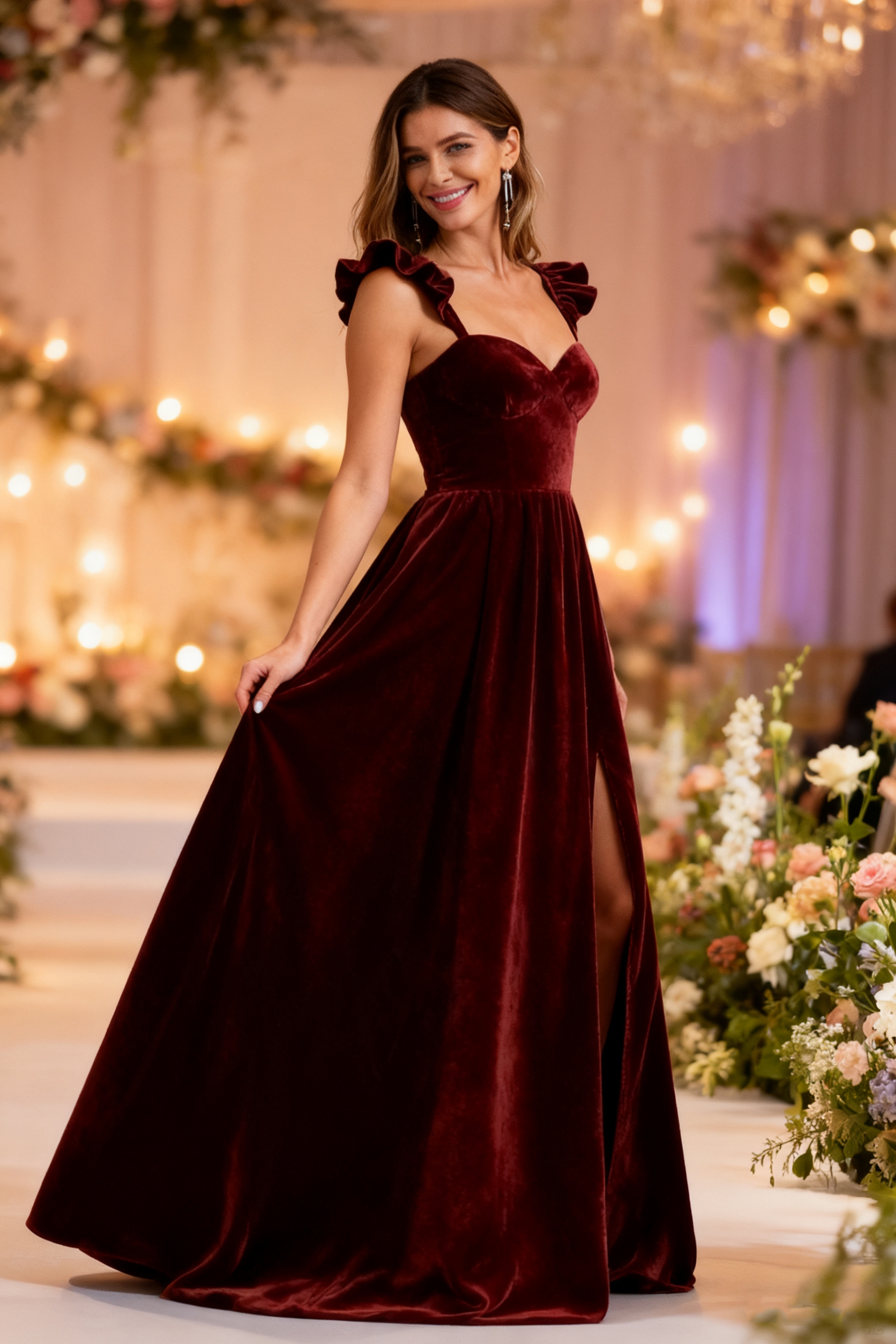 Velvet Ruffles Sweetheart Evening Party Dresses with Slit