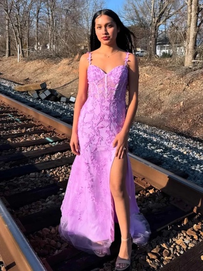 Floral Tulle Spaghetti Straps Long Evening Dresses with Slit