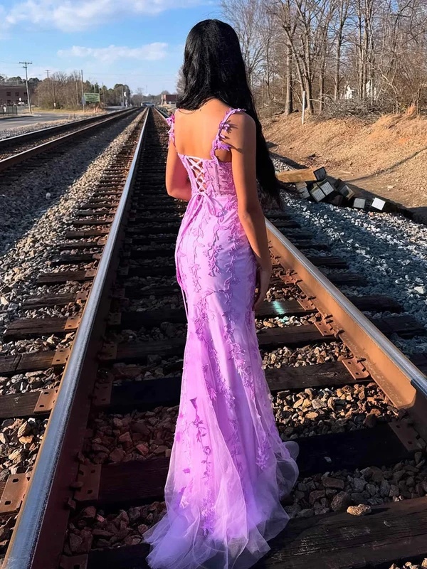 Floral Tulle Spaghetti Straps Long Evening Dresses with Slit