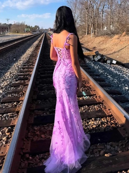 Floral Tulle Spaghetti Straps Long Evening Dresses with Slit