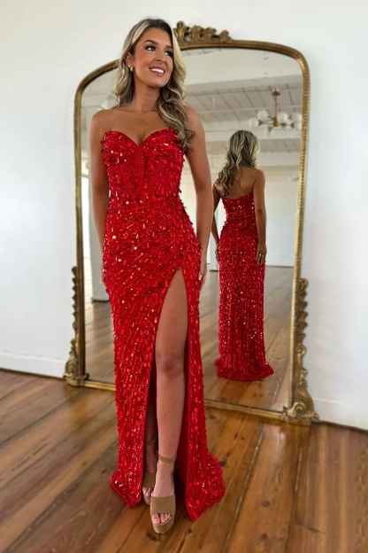 Sequin Strapless Prom Dresses with Slit