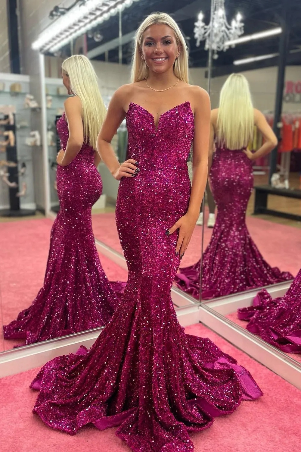 Sequin Strapless Long Prom Dresses
