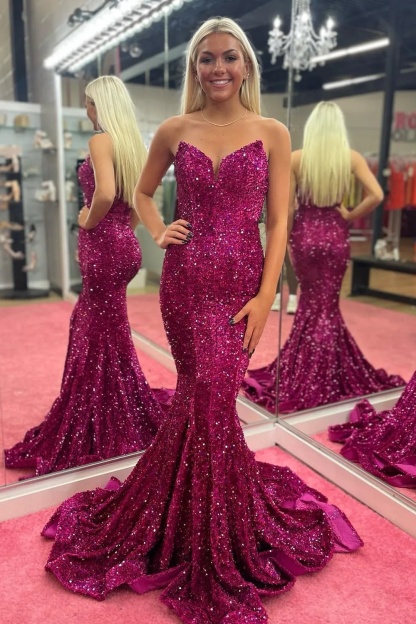 Sequin Strapless Long Prom Dresses