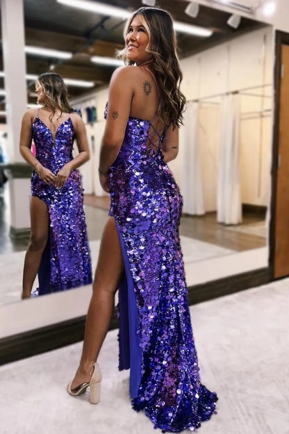 Big Sequin Spaghetti Straps Prom Dresses with Slit
