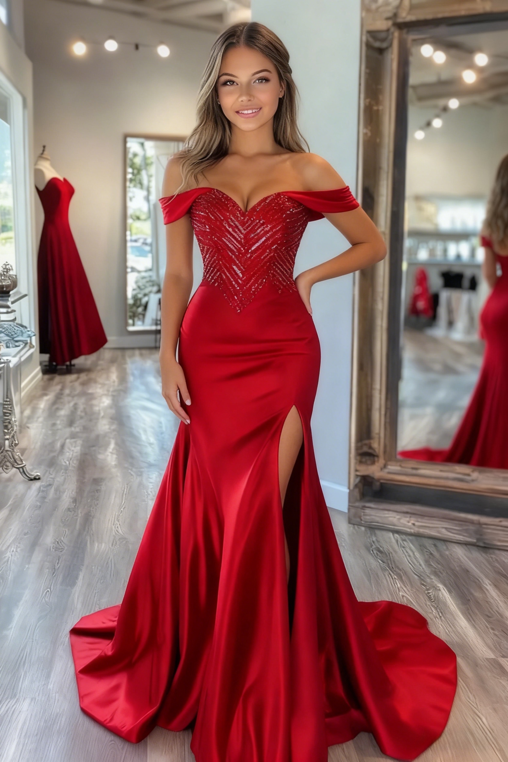 Sequin Spaghetti Straps Evening Dresses with Slit