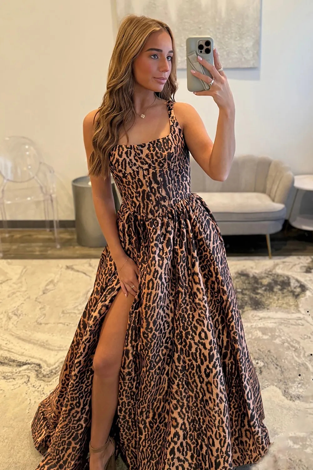 Leopard Thick Spaghetti Straps Evening Dresses with Slit