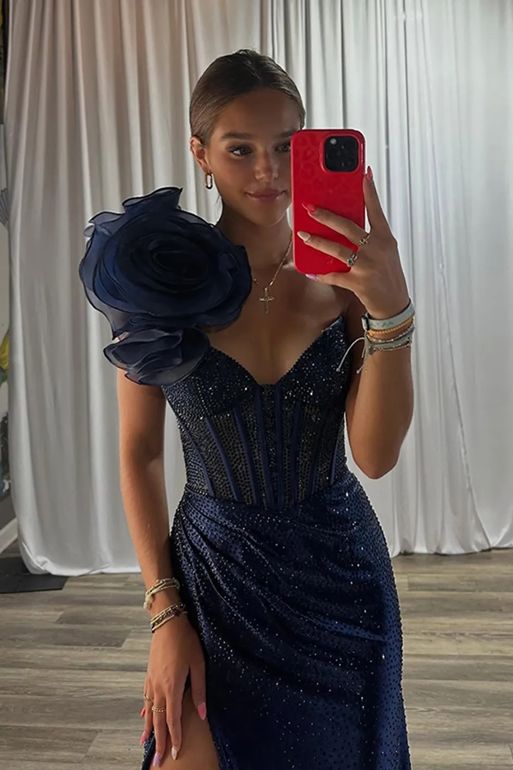 Beaded Satin Strapless Evening Dresses with Slit