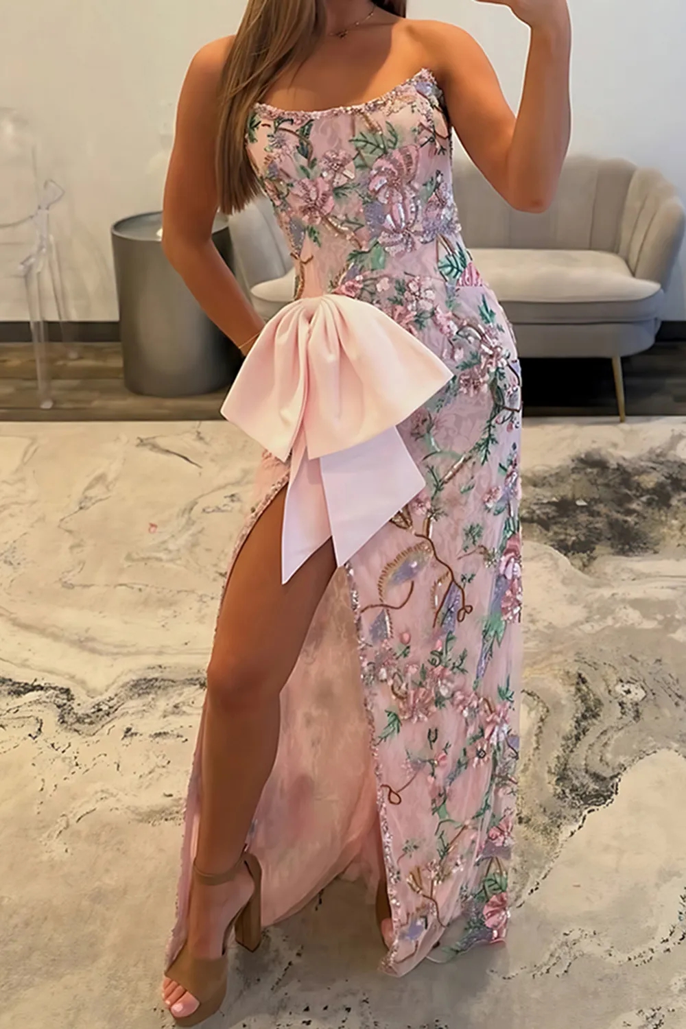 Sequin Applique Strapless Evening Dresses with Slit