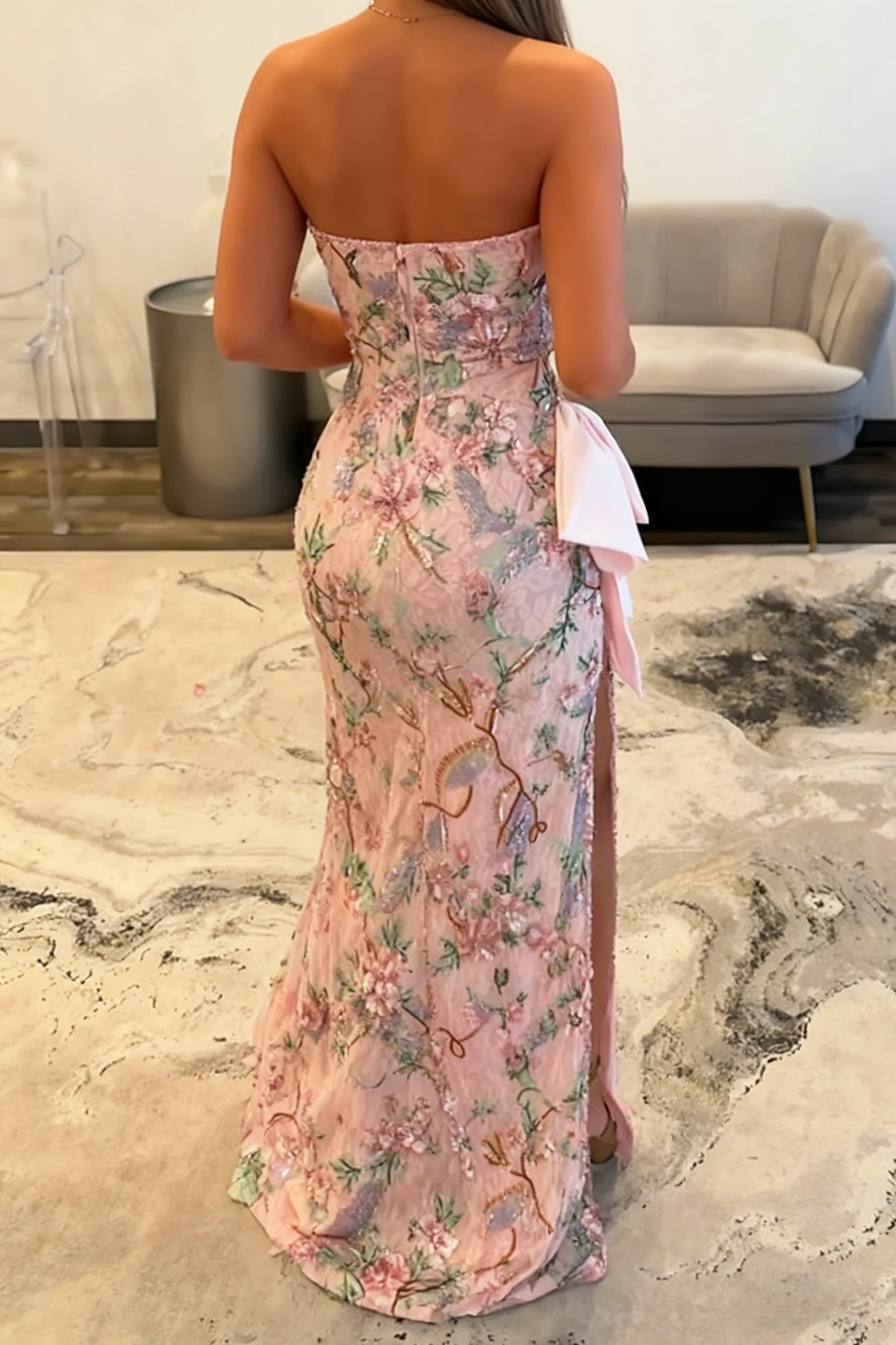 Sequin Applique Strapless Evening Dresses with Slit