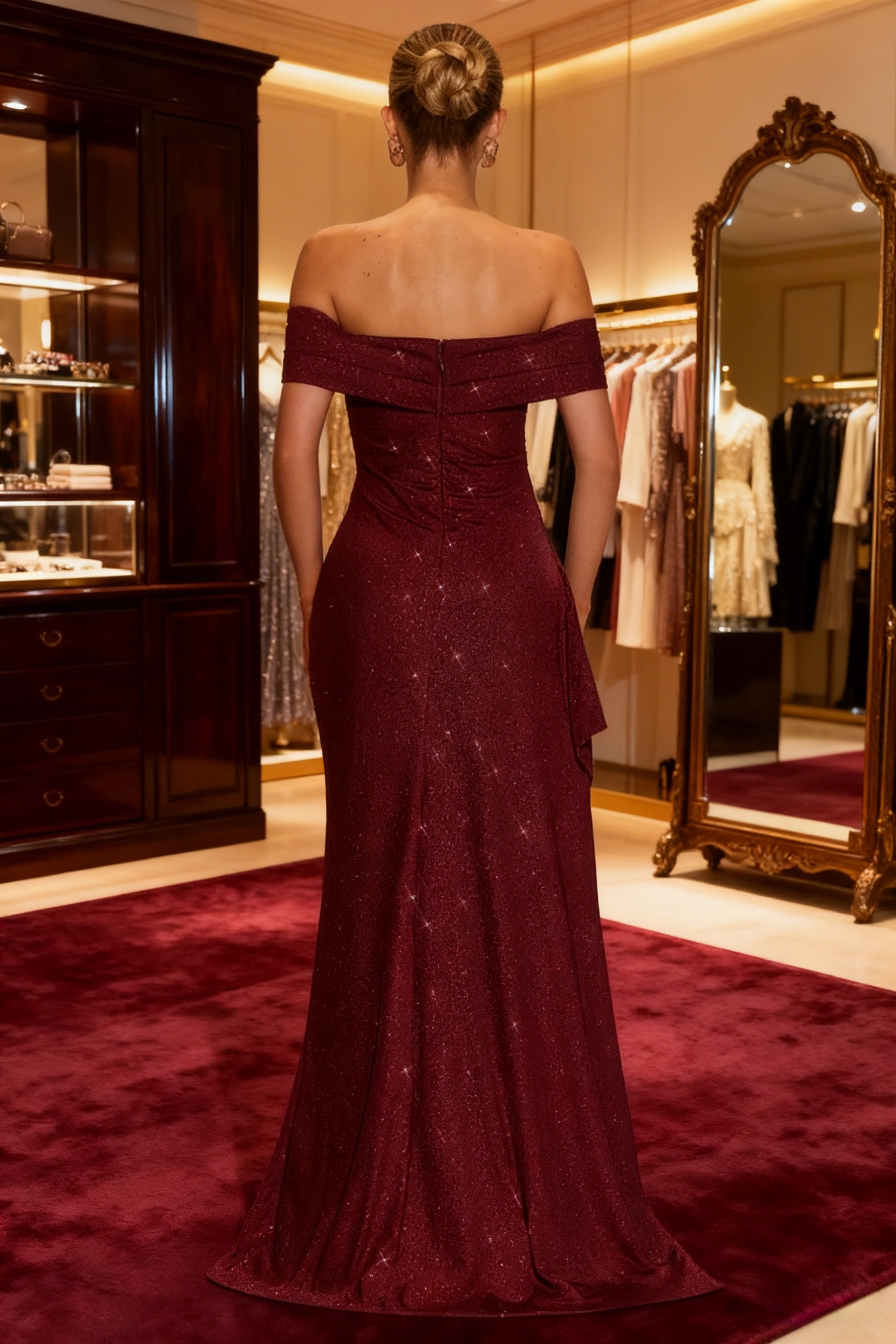 Shimmering Off the Shoulder Evening Dresses with Slit