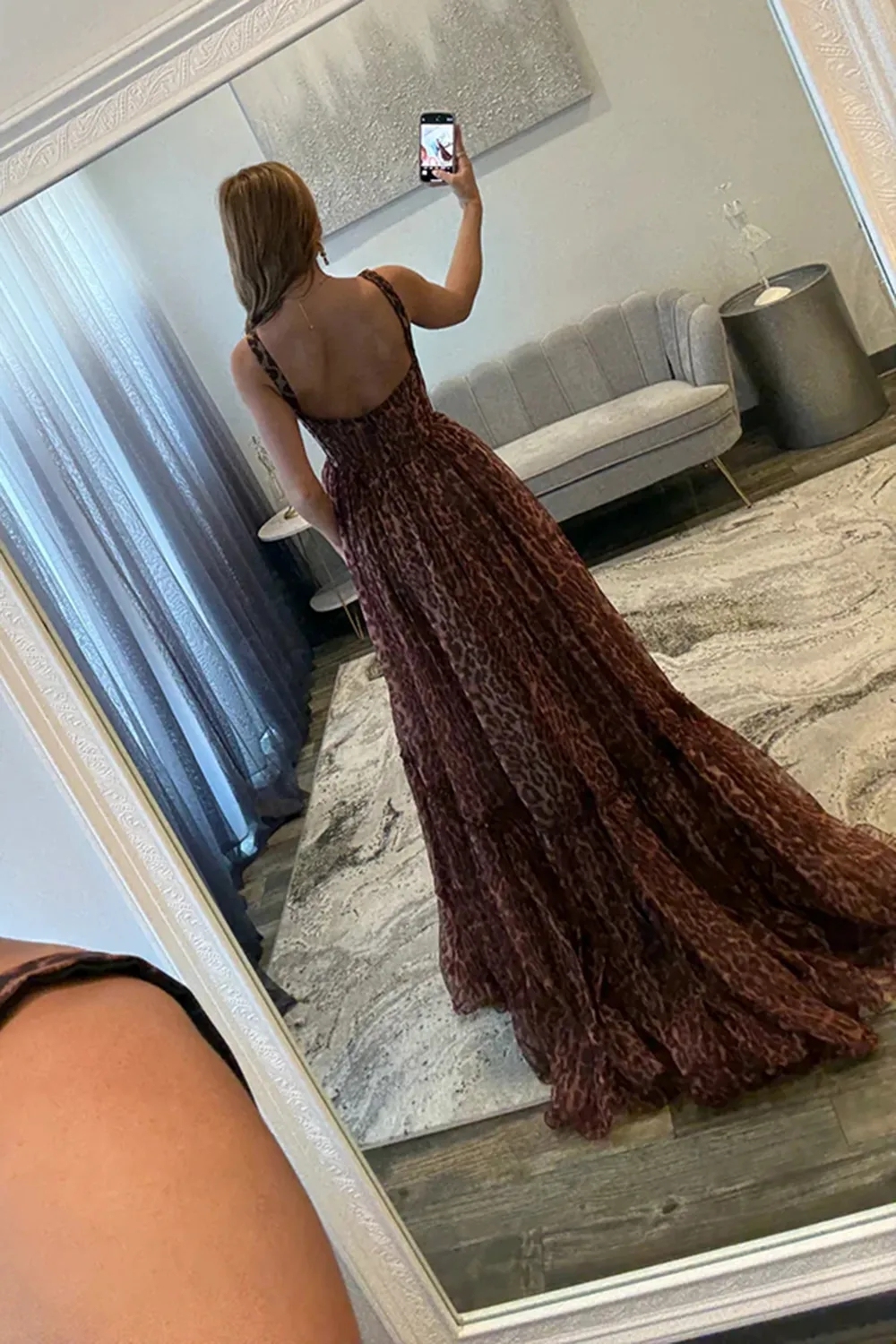 Leopard Tulle Spaghetti Straps Evening Dresses