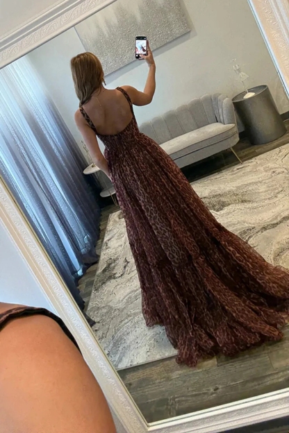 Leopard Tulle Spaghetti Straps Evening Dresses