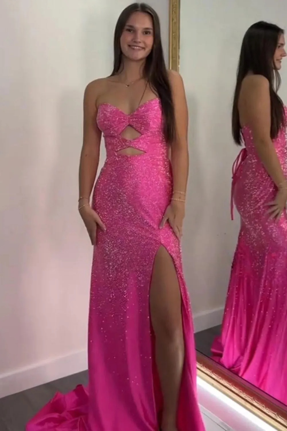 Sparkly Sequin Strapless Corset Prom Dresses with Slit