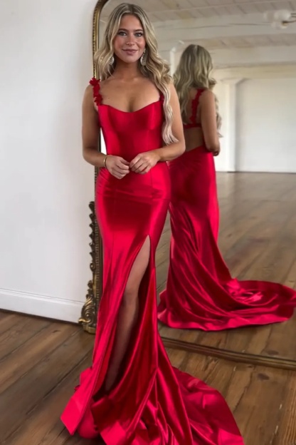 Silk Satin Spaghetti Straps Evening Dresses with Slit