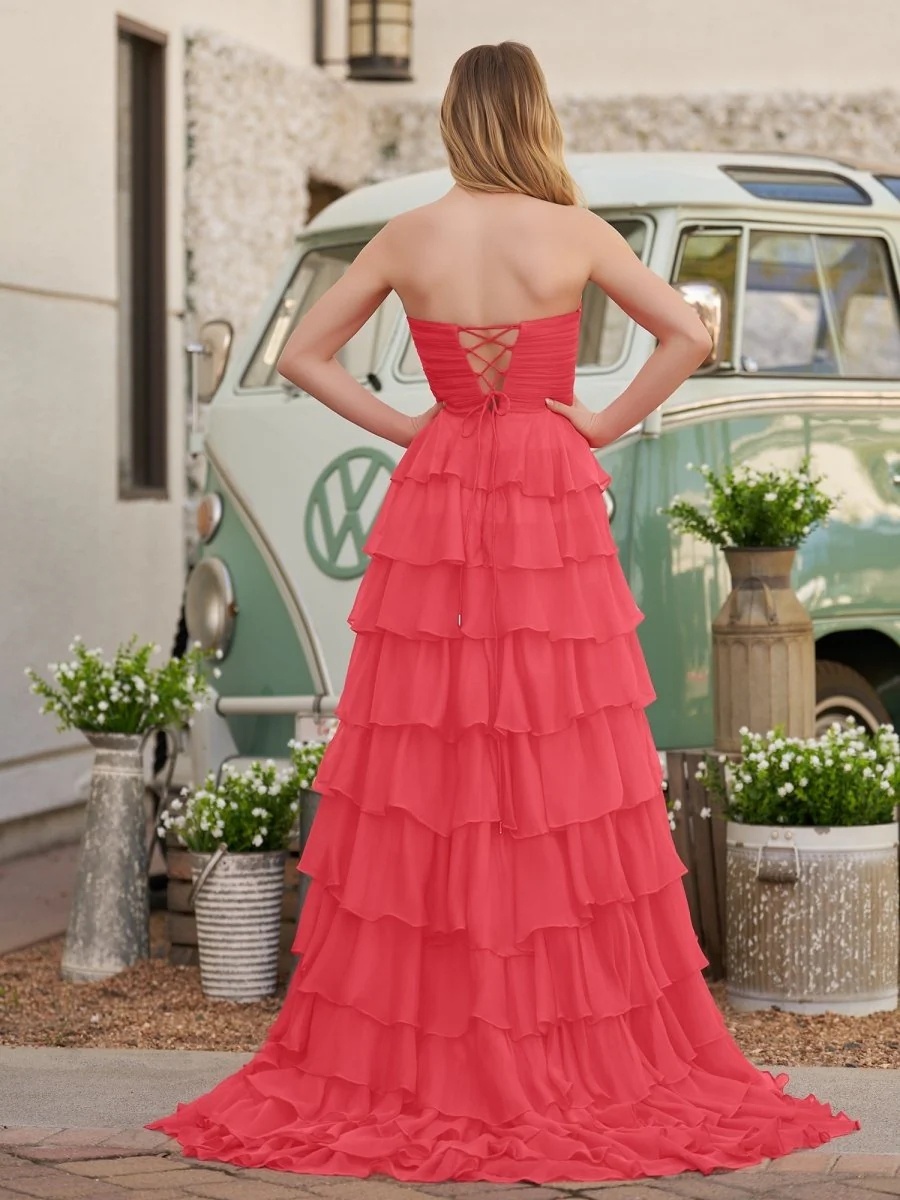 Chiffon Tiered Strapless Corset Prom Dresses with Slit