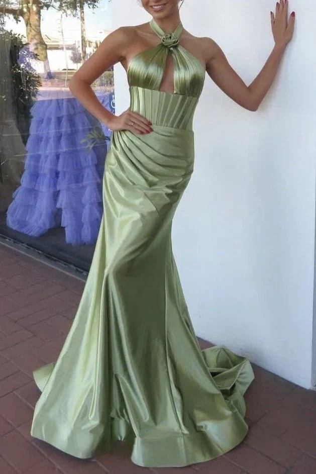 Silk Satin Halter Cut Out Prom Dresses with Pleats