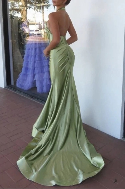 Silk Satin Halter Cut Out Prom Dresses with Pleats